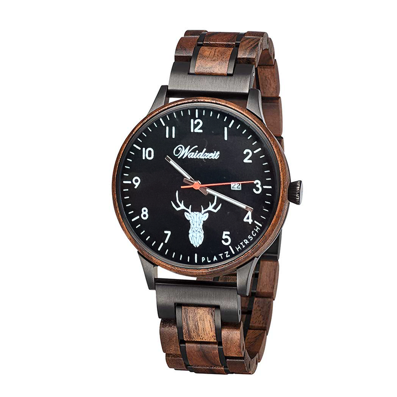 Waidzeit Holzuhr Walnuss Wurzelholz Herrenuhr Datumsanzeige Austrian Design schwarzes Ziffernblatt