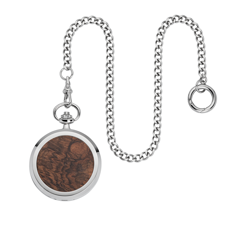 Waidzeit Holzuhr Taschenuhr Männeruhr Geschenk Wurzelholz Walnuss Sprungdeckel Handaufzug Austrian Design nachhaltig Gravur Personalisierung