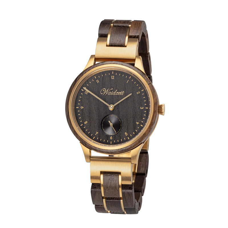 Waidzeit Holzuhr Holzarmband Mooreiche Damenuhr Armbanduhr Geschenk schwarzes Ziffernblatt nachhaltig naturbelassen Austrian Design Geschenksidee nachhaltig ShopinAustria kauflokal regionales Produkt