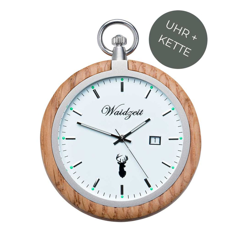 Waidzeit Alpin Taschenuhr Eiche Holzuhr Geschenk Männeruhr Austrian Design heimisches Holz Herrenuhr pocket watch Geschenksidee Geschenk für Männer individuelle Gravur Austrian Design nachhaltig personalisiert