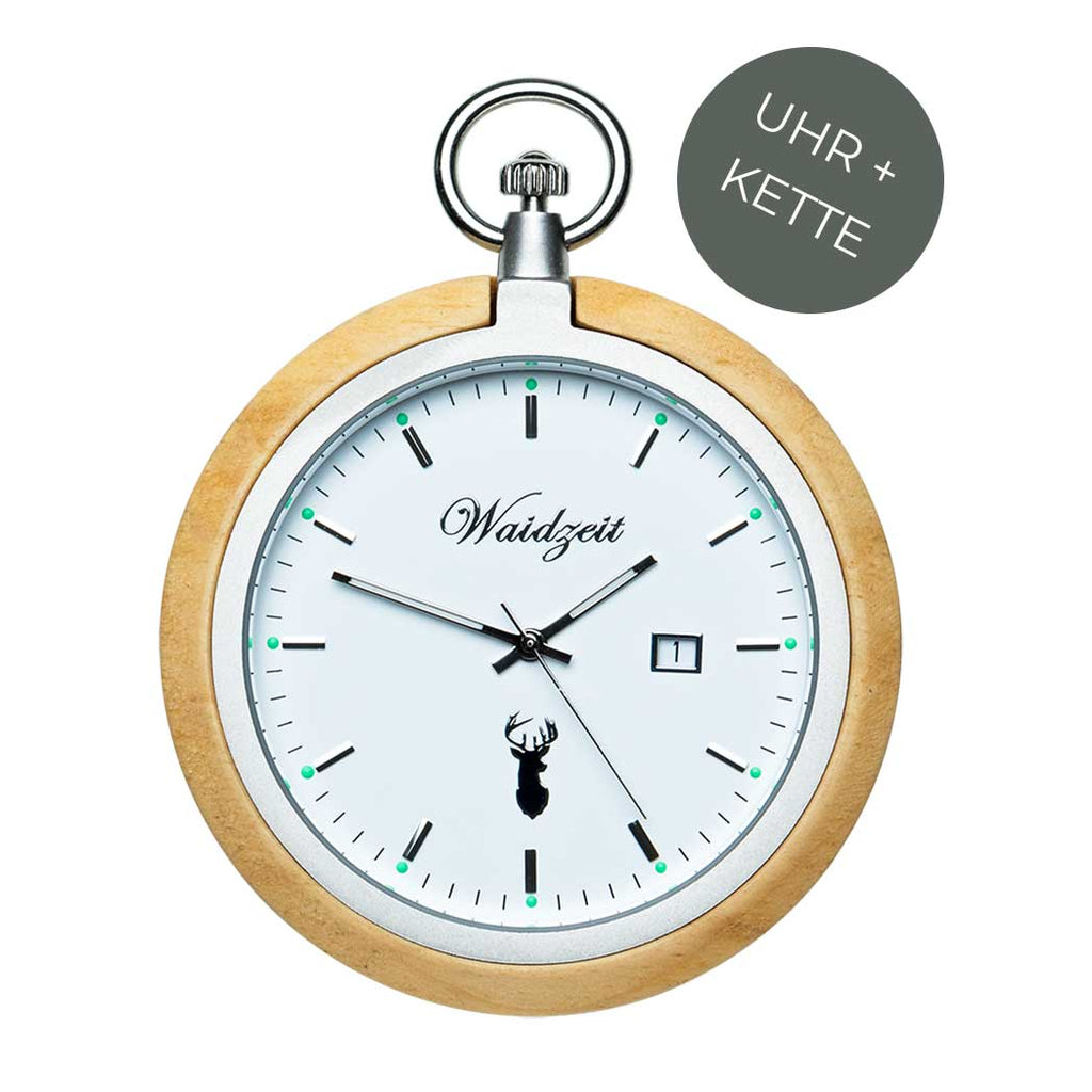Waidzeit Taschenuhr Alpin Männeruhr Holzuhr Geschenk individuelle Gravur Männeruhr Austrian Design ShopinAustria personalisiertes Geschenk Zirbe Zirbenuhr Zirbenholz