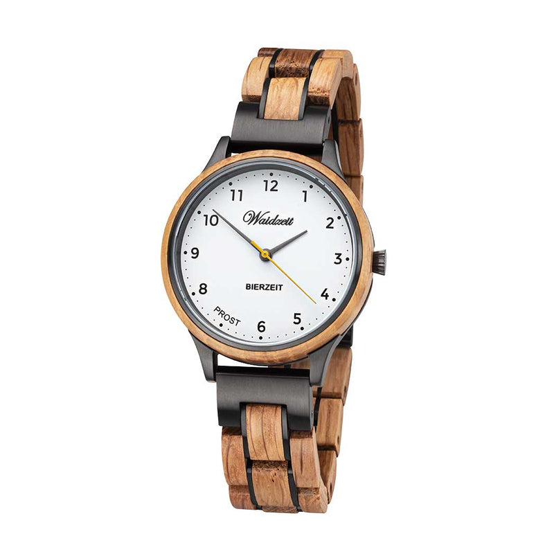 Waidzeit Holzuhr Armbanduhr Bieruhr Bierfass Eichenfass Geschenk Austrian Design nachhaltig Holzarmband Damenuhr Damengeschenk