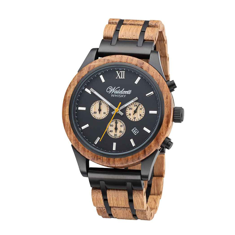 Waidzeit Holzuhr Whiskyuhr Whisky Chronograph Scotts Highland Schwarzes Ziffernblatt Geschenk Männeruhr Holzarmband