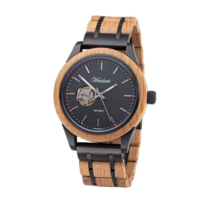 Waidzeit Holzuhr Whisky Bourbon recyceltes Holz Holzarmbanduhr Whiskyfass Eiche Geschenk Männeruhr Geschenksidee schwarzes Ziffernblatt Austrian Design österreichisches Design