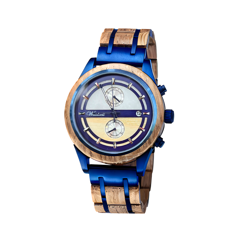 Bieruhr Herren mit Holzarmband blau