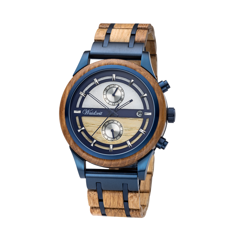 Bieruhr Herren mit Holzarmband blau