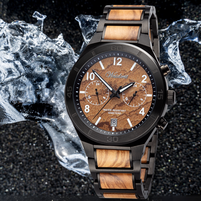 Herrenuhr Waidzeit Holzarmband Oliveholz Steinziffernblatt Geschenksidee