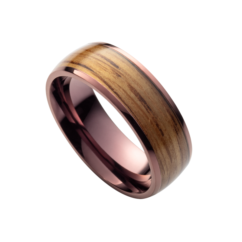 Herrenring aus kupferfarbenem Edelstahl und mit Barrique Weinfass Holzinlay