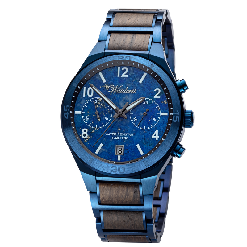 Waidzeit Holzuhr Armbanuhr Männeruhr Geschenksidee blaues Ziffernblatt Holzarmband
