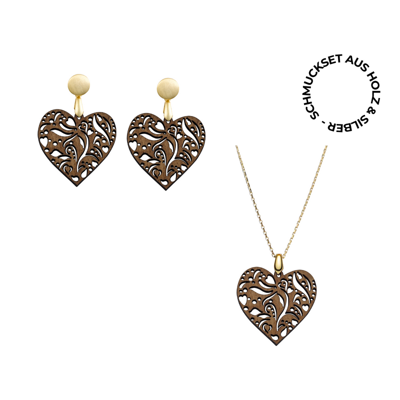 Coeur de Fleur Schmuckset Kette & Ohrringe Walnuss vergoldetes Silber