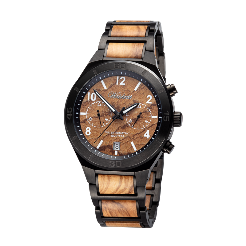 Herrenuhr Waidzeit Holzarmband Oliveholz Steinziffernblatt Geschenksidee