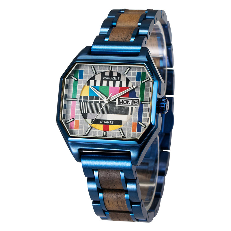 Sendeschluss Armbanduhr Walnuss Royalblau