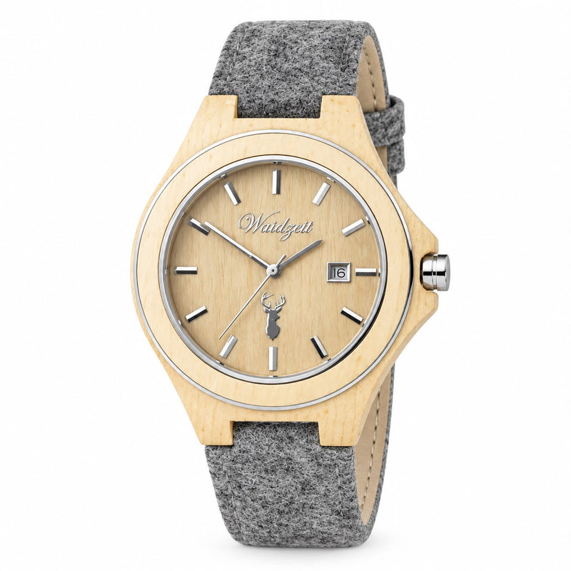 Zirbenuhr Herren mit grauem Lodenarmband