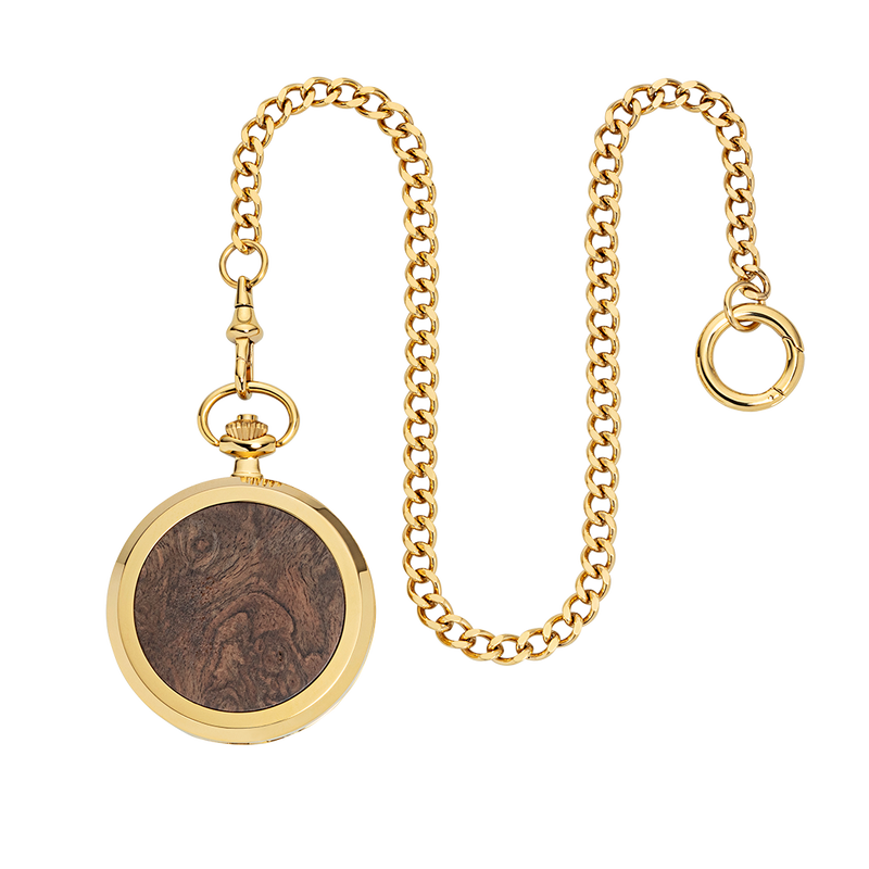 Waidzeit Taschenuhr mechanisch Handaufzug Walnuss Wurzelholz gold Herrenuhr Geschenk Austrian Design Geschenksidee