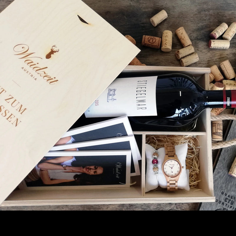 Waidzeit Holzuhr Genussbox Genießer Whisky Wein Gravur Geschenk Damengeschenk Männergeschenk
