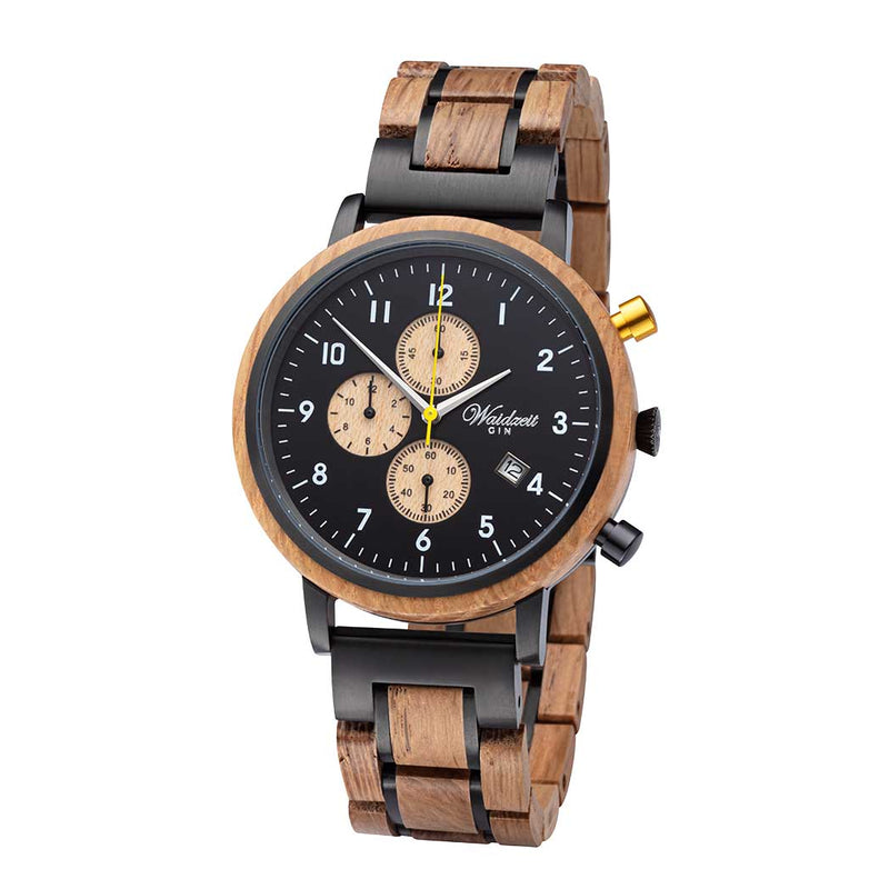 Waidzeit Holzuhr Gin Wacholder Gold Chronograph Holzarmband Holzarmbanduhr Barrique Weinfass Geschenk Männeruhr Herrenuhr Geschenksidee Ginliebhaber