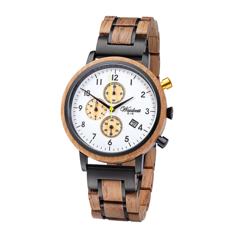Waidzeit Holzuhr Gin Wacholder Gold Chronograph Holzarmband Holzarmbanduhr Barrique Weinfass Geschenk Männeruhr Herrenuhr Geschenksidee Ginliebhaber