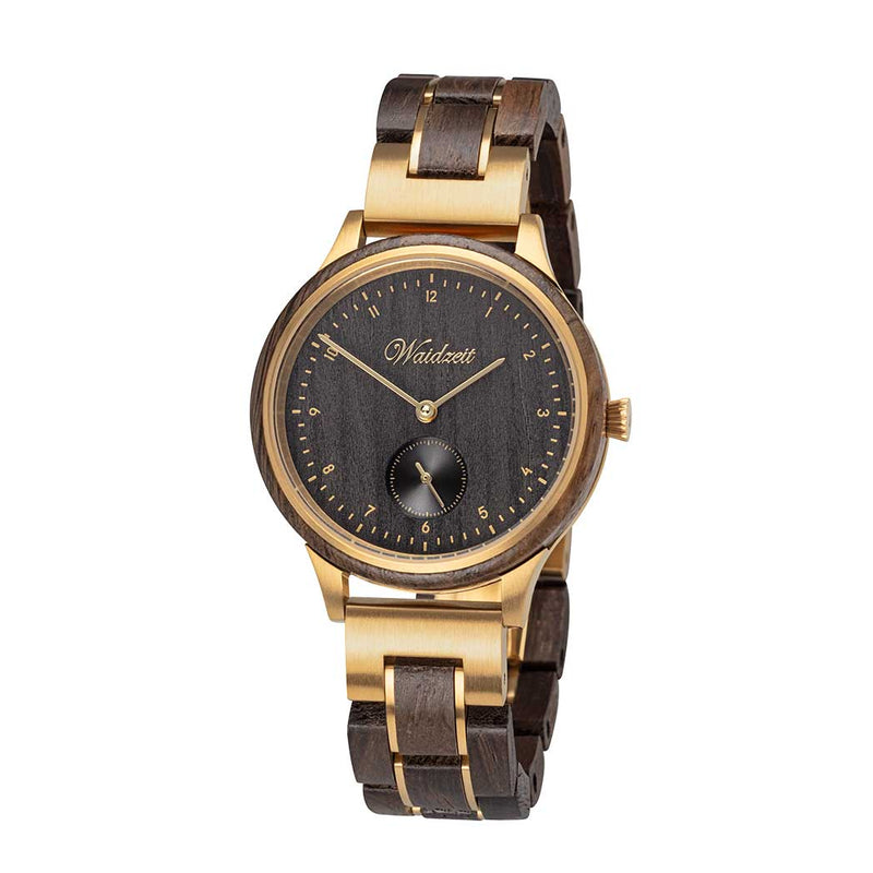 Waidzeit Holzuhr Holzarmband Mooreiche Herrenuhr Armbanduhr Geschenk schwarzes Ziffernblatt nachhaltig naturbelassen Austrian Design Geschenksidee Männeruhr ShopinAustria kauflokal regionales Produkt