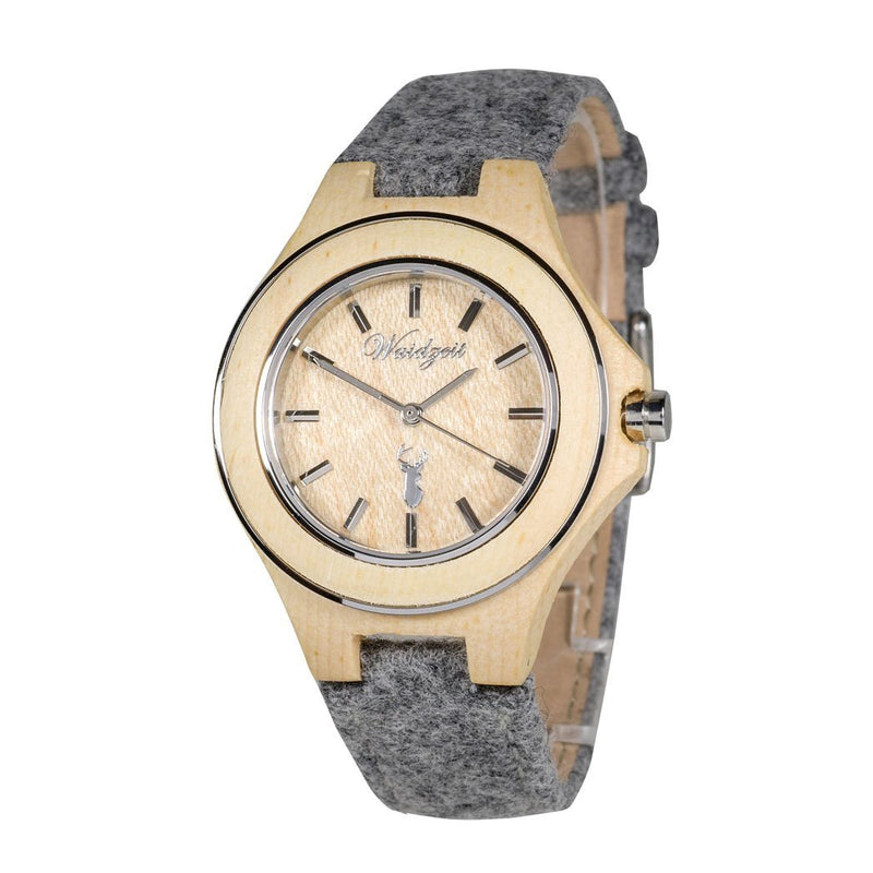 Waidzeit Holzuhren Zirbenuhr Holzgeschenk Damenuhren Waidzeituhren Loden Merinowolle Zirbe Holzuhr Lodenarmband Schladming Steiermark Geschenk